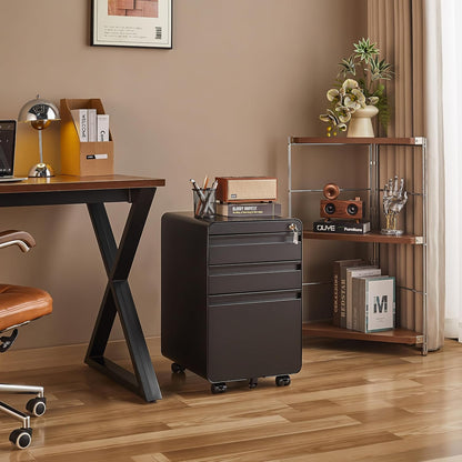 3 Drawer File Cabinet for Home Office, Under Desk Mobile Filing Cabinet with Lock for A4-Size/Letter-Size/Legal-Size, Black (HSEJ-3D)