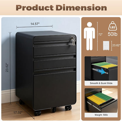 3 Drawer File Cabinet for Home Office, Under Desk Mobile Filing Cabinet with Lock for A4-Size/Letter-Size/Legal-Size, Black (HSEJ-3D)