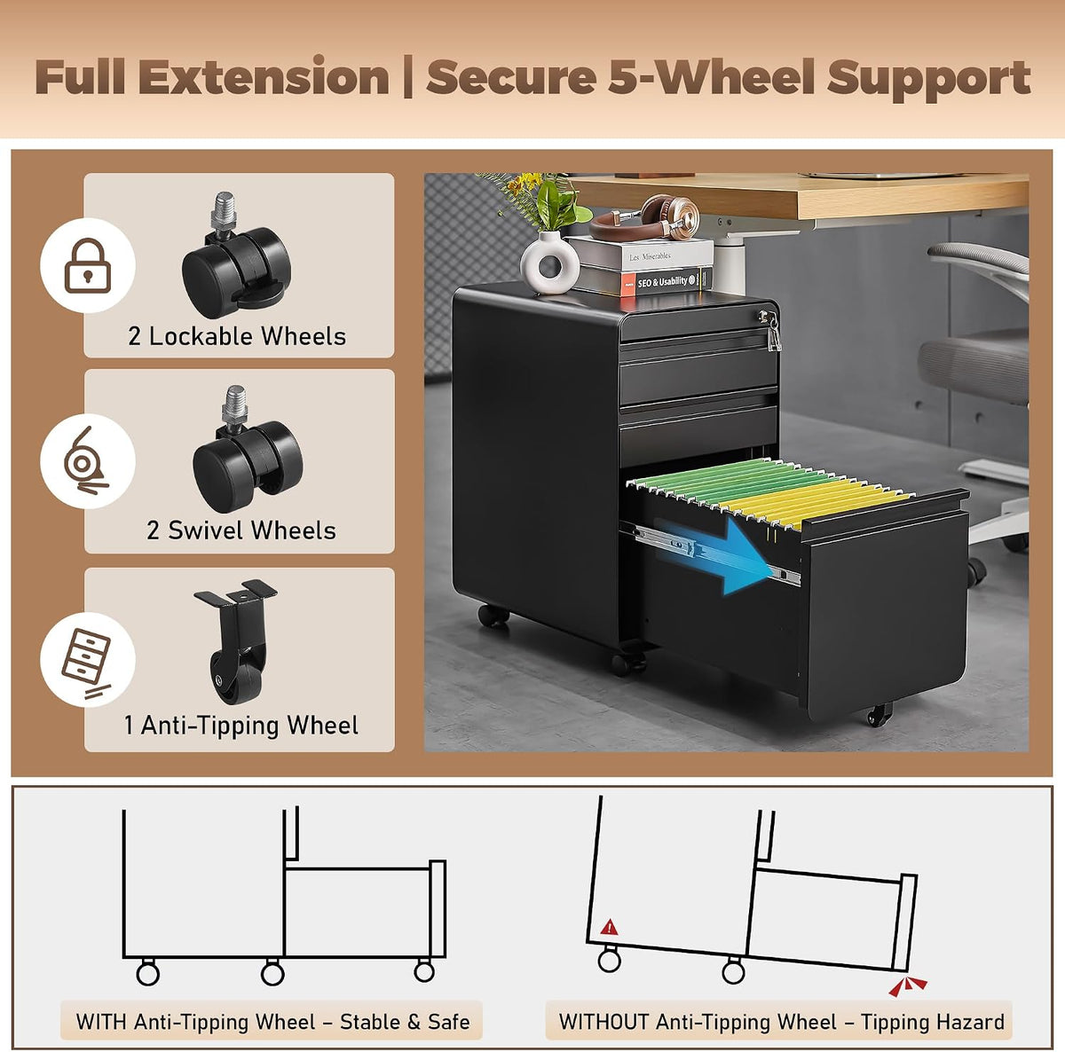 3 Drawer File Cabinet for Home Office, Under Desk Mobile Filing Cabinet with Lock for A4-Size/Letter-Size/Legal-Size, Black (HSEJ-3D)