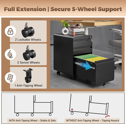 3 Drawer File Cabinet for Home Office, Under Desk Mobile Filing Cabinet with Lock for A4-Size/Letter-Size/Legal-Size, Black (HSEJ-3D)
