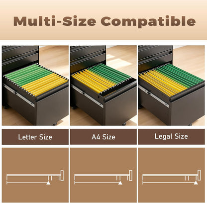 3 Drawer File Cabinet for Home Office, Under Desk Mobile Filing Cabinet with Lock for A4-Size/Letter-Size/Legal-Size, Black (HSEJ-3D)
