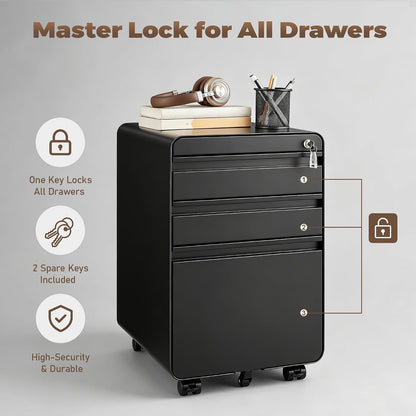 3 Drawer File Cabinet for Home Office, Under Desk Mobile Filing Cabinet with Lock for A4-Size/Letter-Size/Legal-Size, Black (HSEJ-3D)