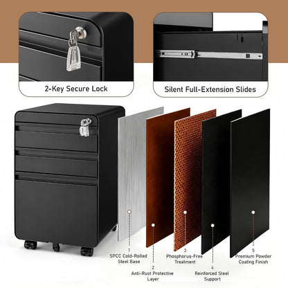 3 Drawer File Cabinet for Home Office, Under Desk Mobile Filing Cabinet with Lock for A4-Size/Letter-Size/Legal-Size, Black (HSEJ-3D)
