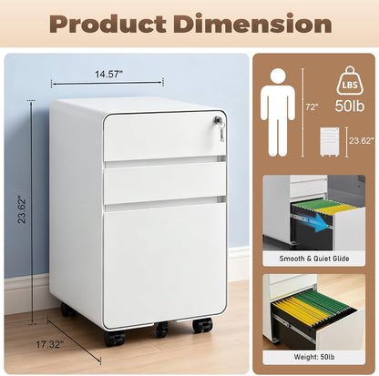 3 Drawer File Cabinet for Home Office, Under Desk Mobile Filing Cabinet with Lock for A4-Size/Letter-Size/Legal-Size, Black (HSEJ-3D)