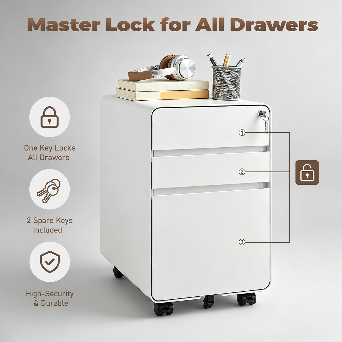 3 Drawer File Cabinet for Home Office, Under Desk Mobile Filing Cabinet with Lock for A4-Size/Letter-Size/Legal-Size, Black (HSEJ-3D)