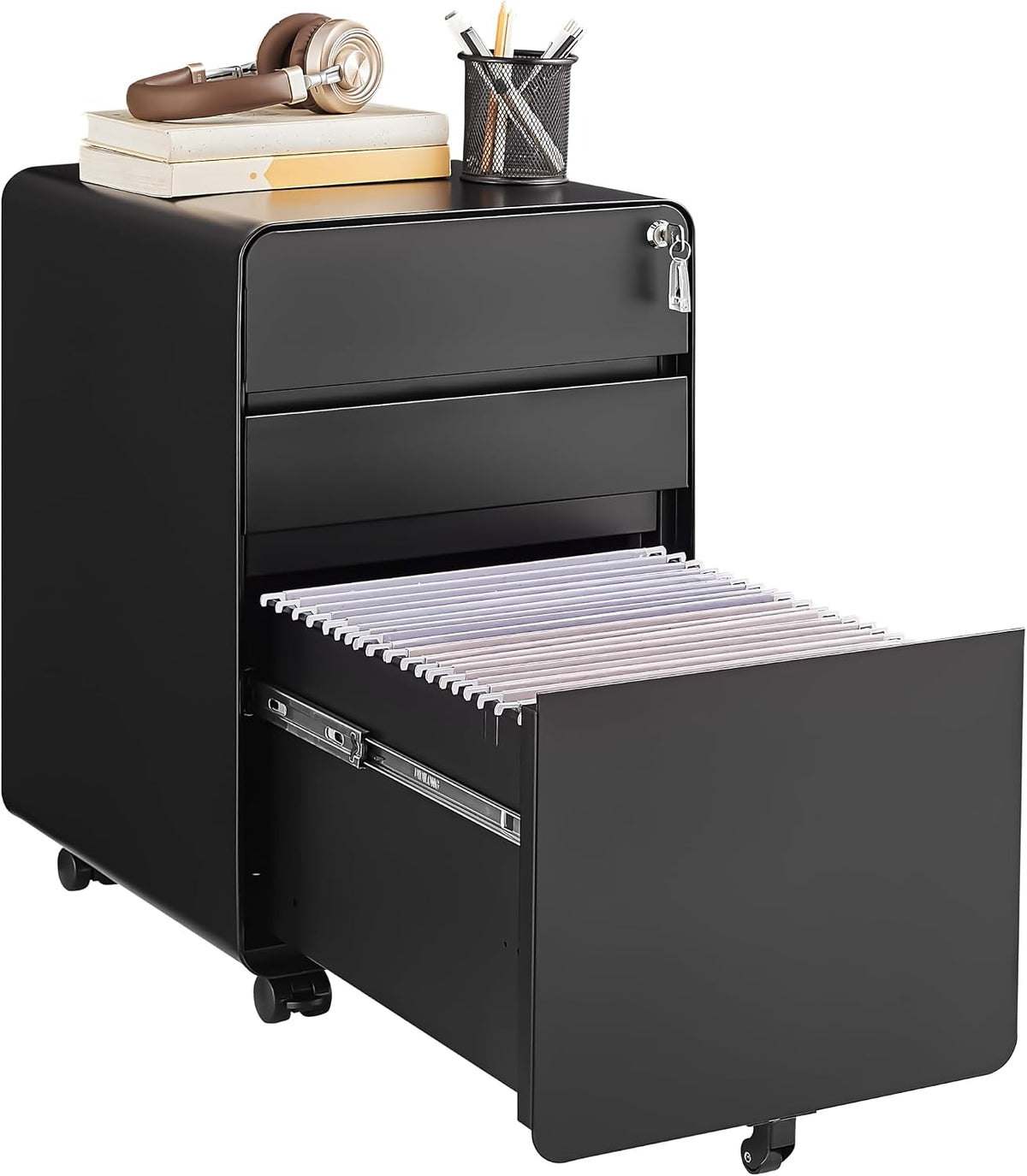 3 Drawer File Cabinet for Home Office, Under Desk Mobile Filing Cabinet with Lock for A4-Size/Letter-Size/Legal-Size, Black (HSEJ-3D)