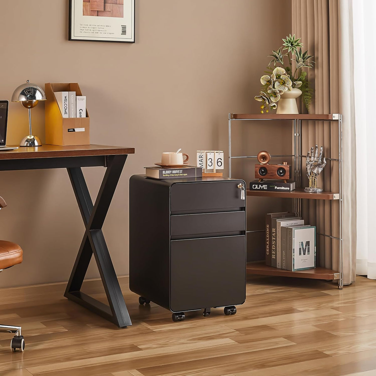 3 Drawer File Cabinet for Home Office, Under Desk Mobile Filing Cabinet with Lock for A4-Size/Letter-Size/Legal-Size, Black (HSEJ-3D)