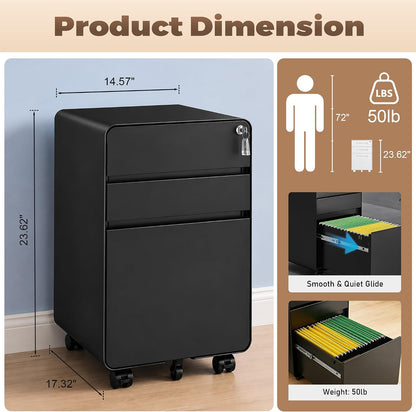 3 Drawer File Cabinet for Home Office, Under Desk Mobile Filing Cabinet with Lock for A4-Size/Letter-Size/Legal-Size, Black (HSEJ-3D)