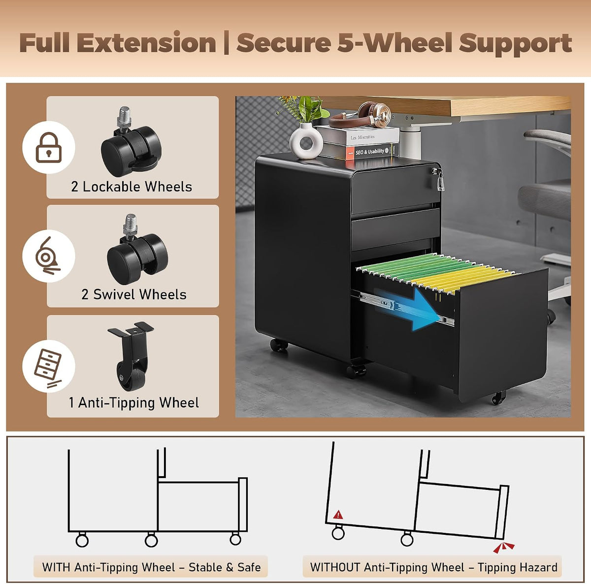 3 Drawer File Cabinet for Home Office, Under Desk Mobile Filing Cabinet with Lock for A4-Size/Letter-Size/Legal-Size, Black (HSEJ-3D)