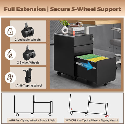 3 Drawer File Cabinet for Home Office, Under Desk Mobile Filing Cabinet with Lock for A4-Size/Letter-Size/Legal-Size, Black (HSEJ-3D)