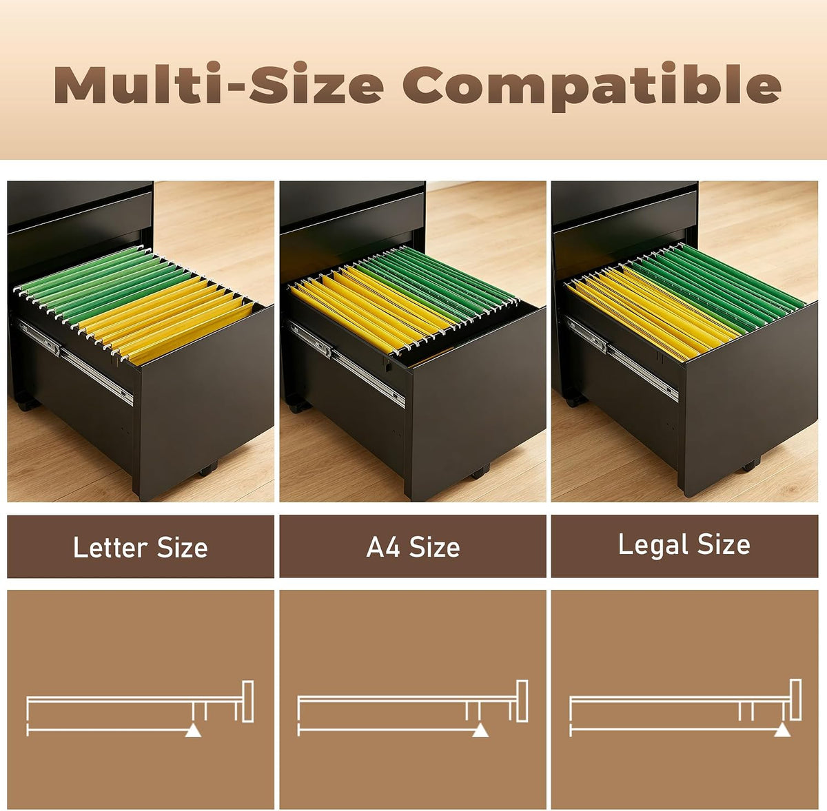 3 Drawer File Cabinet for Home Office, Under Desk Mobile Filing Cabinet with Lock for A4-Size/Letter-Size/Legal-Size, Black (HSEJ-3D)