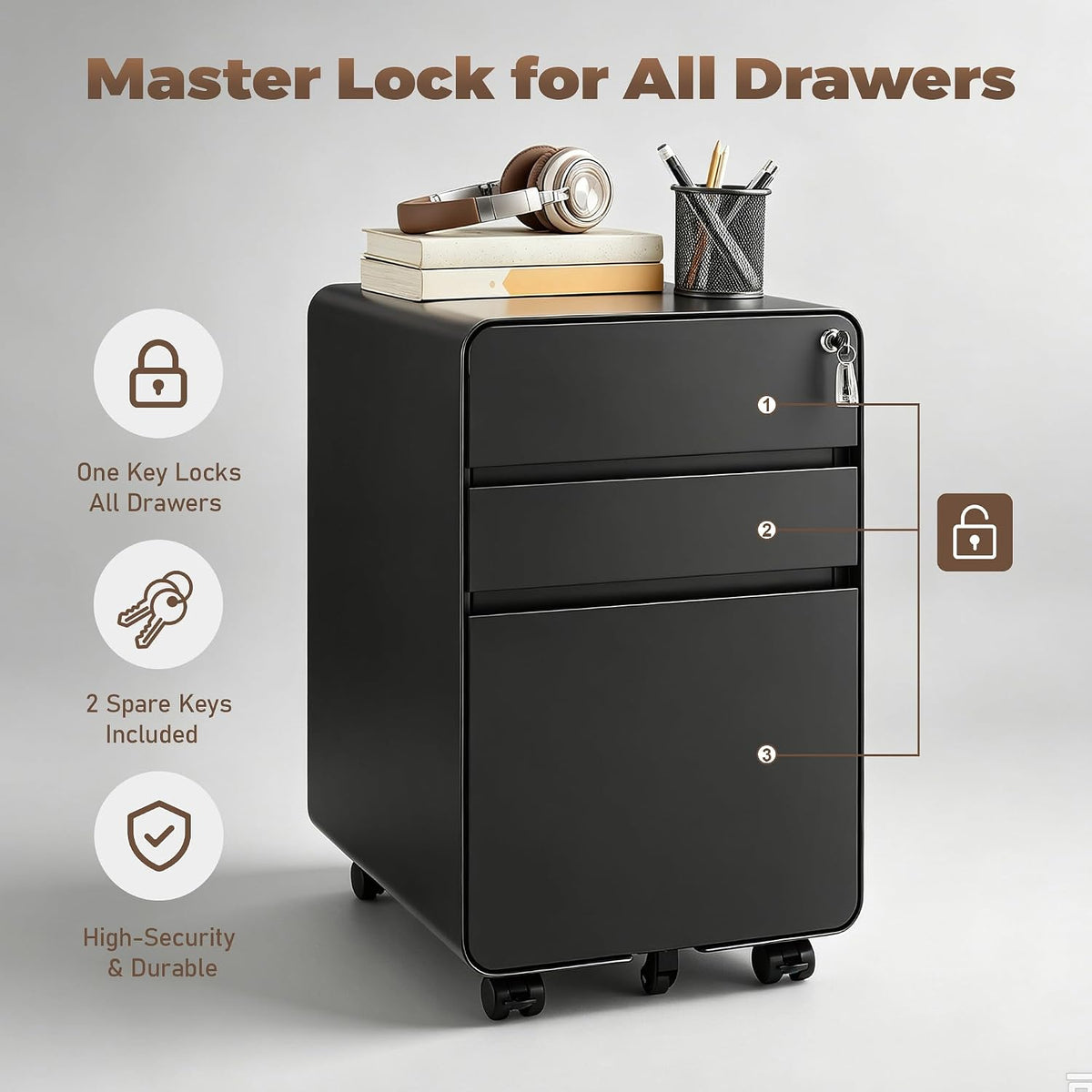 3 Drawer File Cabinet for Home Office, Under Desk Mobile Filing Cabinet with Lock for A4-Size/Letter-Size/Legal-Size, Black (HSEJ-3D)
