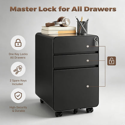 3 Drawer File Cabinet for Home Office, Under Desk Mobile Filing Cabinet with Lock for A4-Size/Letter-Size/Legal-Size, Black (HSEJ-3D)