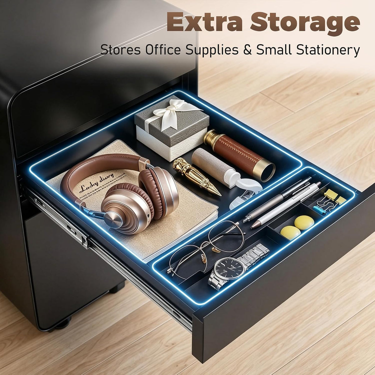 3 Drawer File Cabinet for Home Office, Under Desk Mobile Filing Cabinet with Lock for A4-Size/Letter-Size/Legal-Size, Black (HSEJ-3D)
