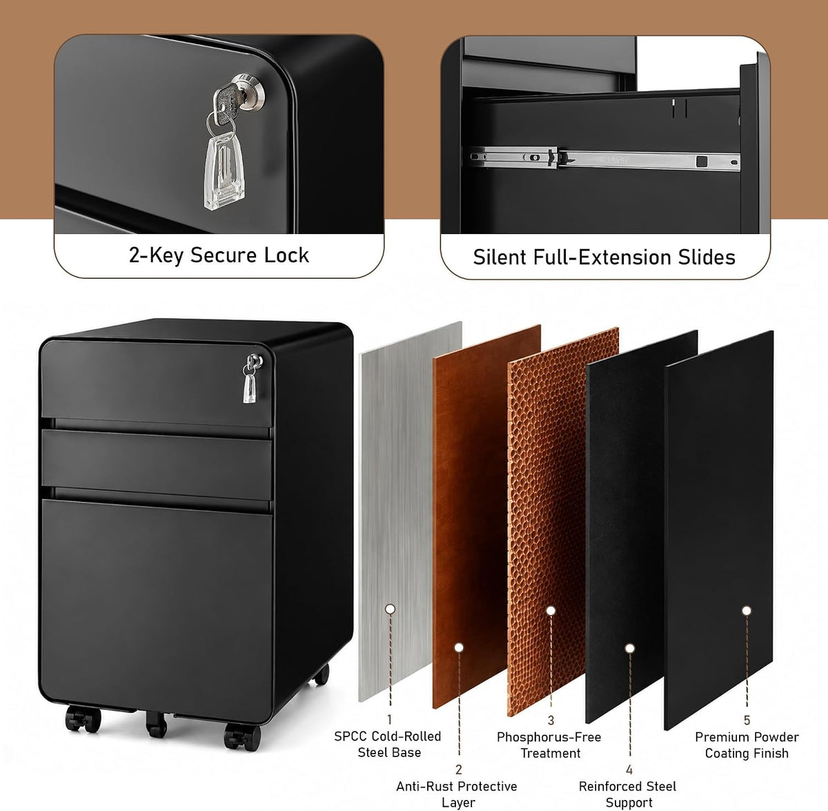 3 Drawer File Cabinet for Home Office, Under Desk Mobile Filing Cabinet with Lock for A4-Size/Letter-Size/Legal-Size, Black (HSEJ-3D)