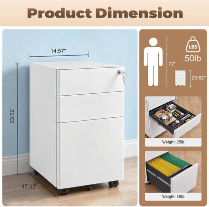 3 Drawer File Cabinet for Home Office, Under Desk Mobile Filing Cabinet with Lock for A4-Size/Letter-Size/Legal-Size, Black (HSEJ-3D)