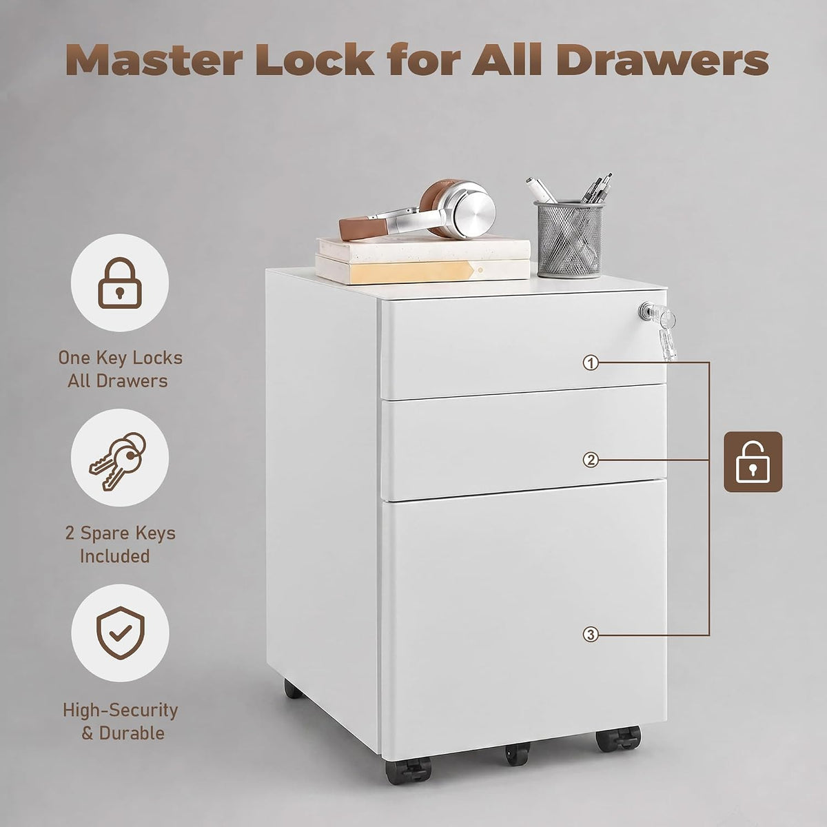 3 Drawer File Cabinet for Home Office, Under Desk Mobile Filing Cabinet with Lock for A4-Size/Letter-Size/Legal-Size, Black (HSEJ-3D)