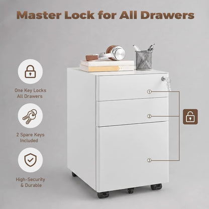 3 Drawer File Cabinet for Home Office, Under Desk Mobile Filing Cabinet with Lock for A4-Size/Letter-Size/Legal-Size, Black (HSEJ-3D)