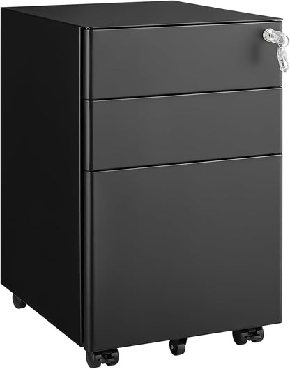 3 Drawer File Cabinet for Home Office, Under Desk Mobile Filing Cabinet with Lock for A4-Size/Letter-Size/Legal-Size, Black (HSEJ-3D)