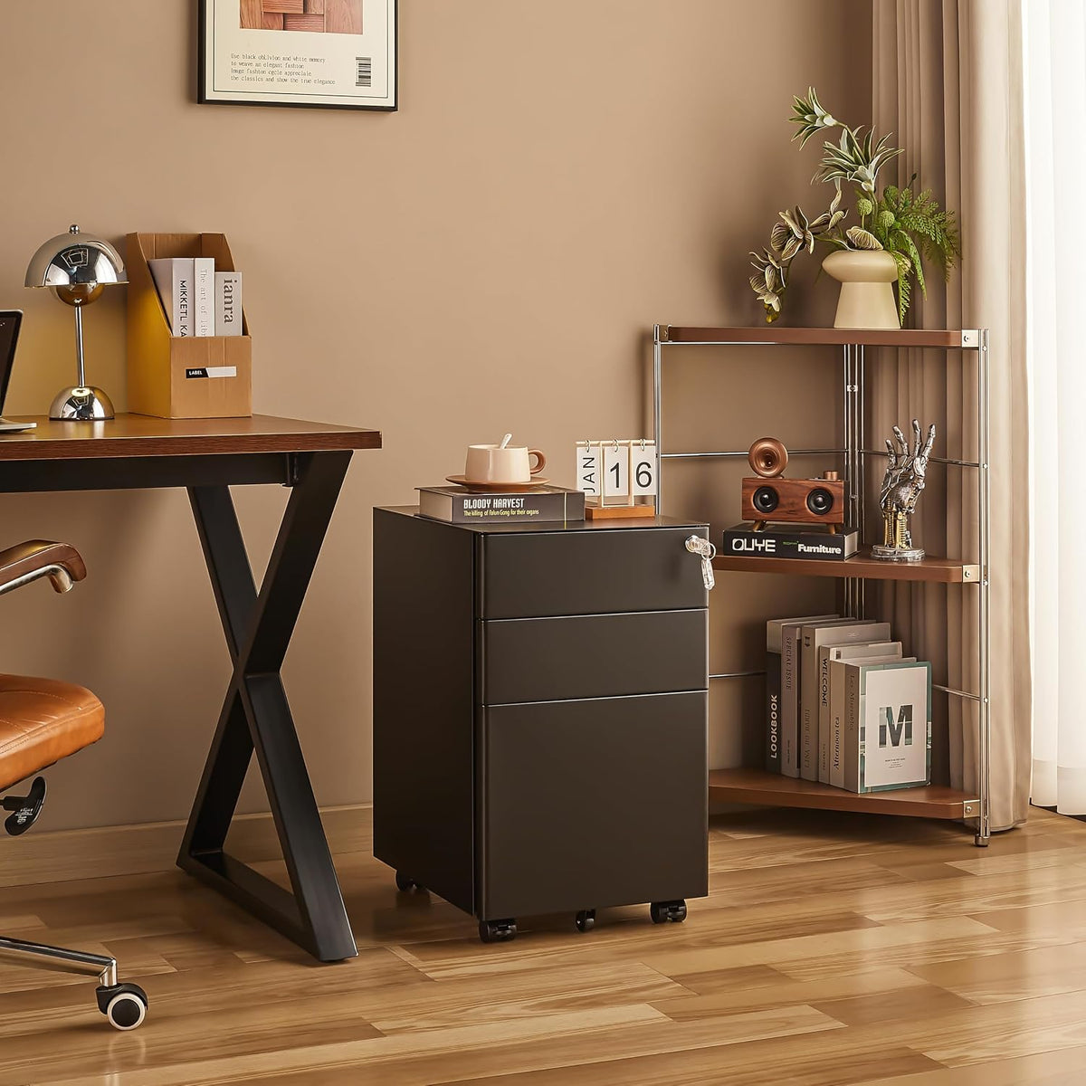 3 Drawer File Cabinet for Home Office, Under Desk Mobile Filing Cabinet with Lock for A4-Size/Letter-Size/Legal-Size, Black (HSEJ-3D)