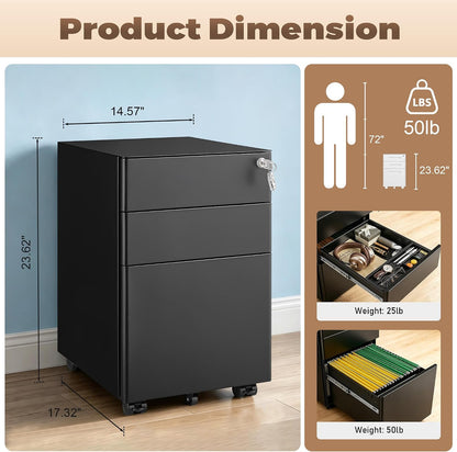 3 Drawer File Cabinet for Home Office, Under Desk Mobile Filing Cabinet with Lock for A4-Size/Letter-Size/Legal-Size, Black (HSEJ-3D)