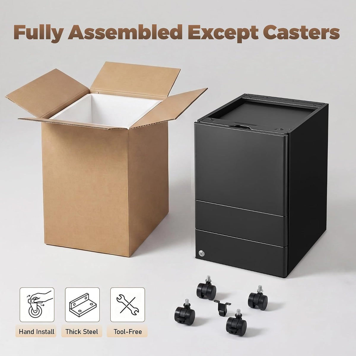 3 Drawer File Cabinet for Home Office, Under Desk Mobile Filing Cabinet with Lock for A4-Size/Letter-Size/Legal-Size, Black (HSEJ-3D)