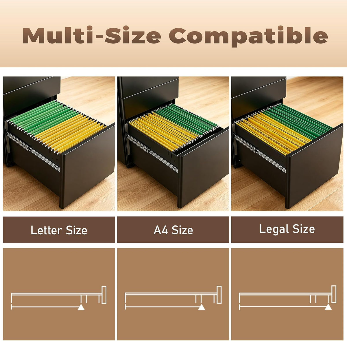 3 Drawer File Cabinet for Home Office, Under Desk Mobile Filing Cabinet with Lock for A4-Size/Letter-Size/Legal-Size, Black (HSEJ-3D)