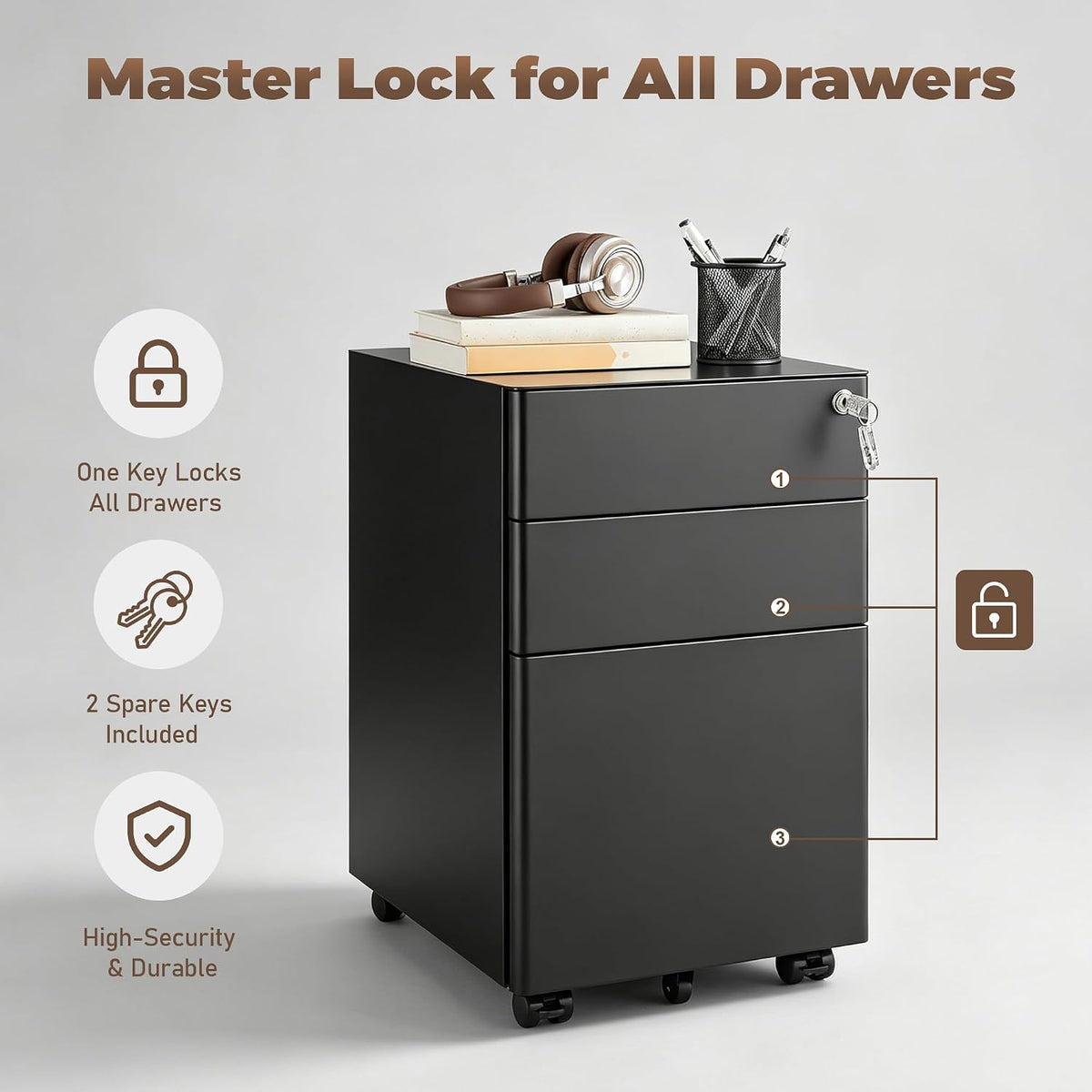 3 Drawer File Cabinet for Home Office, Under Desk Mobile Filing Cabinet with Lock for A4-Size/Letter-Size/Legal-Size, Black (HSEJ-3D)
