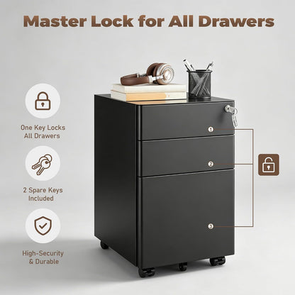 3 Drawer File Cabinet for Home Office, Under Desk Mobile Filing Cabinet with Lock for A4-Size/Letter-Size/Legal-Size, Black (HSEJ-3D)