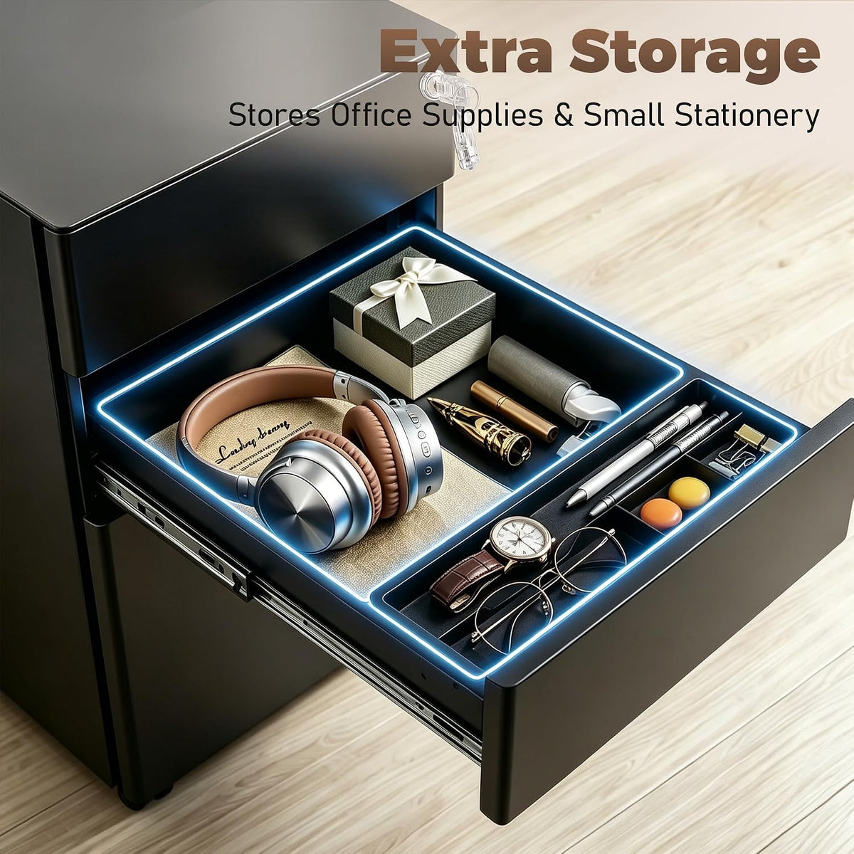 3 Drawer File Cabinet for Home Office, Under Desk Mobile Filing Cabinet with Lock for A4-Size/Letter-Size/Legal-Size, Black (HSEJ-3D)