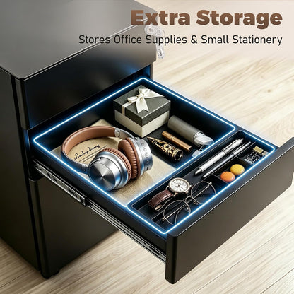 3 Drawer File Cabinet for Home Office, Under Desk Mobile Filing Cabinet with Lock for A4-Size/Letter-Size/Legal-Size, Black (HSEJ-3D)