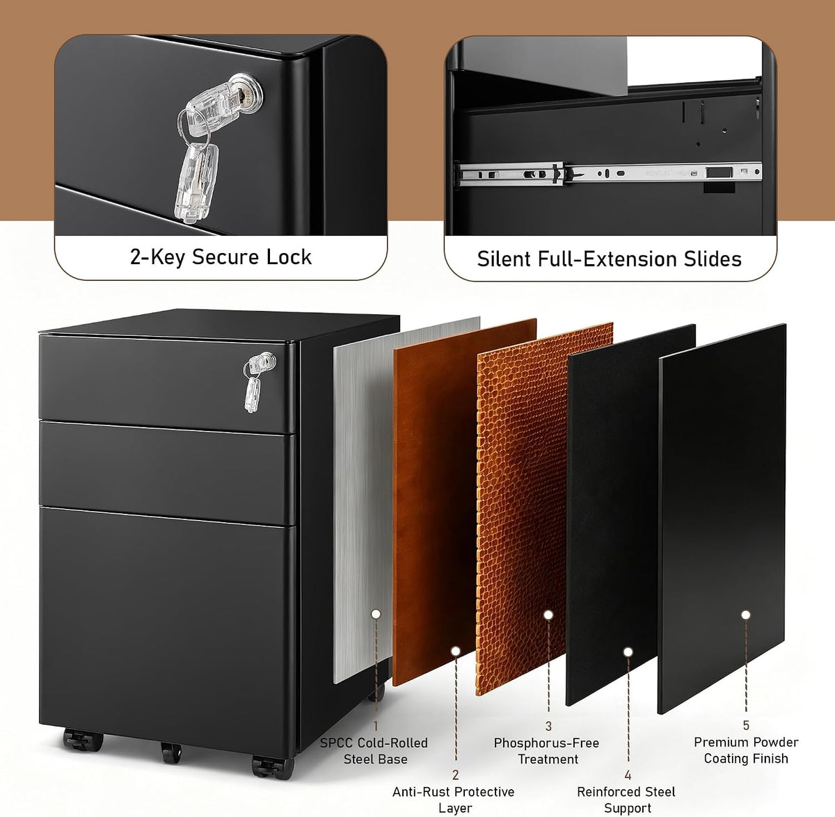 3 Drawer File Cabinet for Home Office, Under Desk Mobile Filing Cabinet with Lock for A4-Size/Letter-Size/Legal-Size, Black (HSEJ-3D)