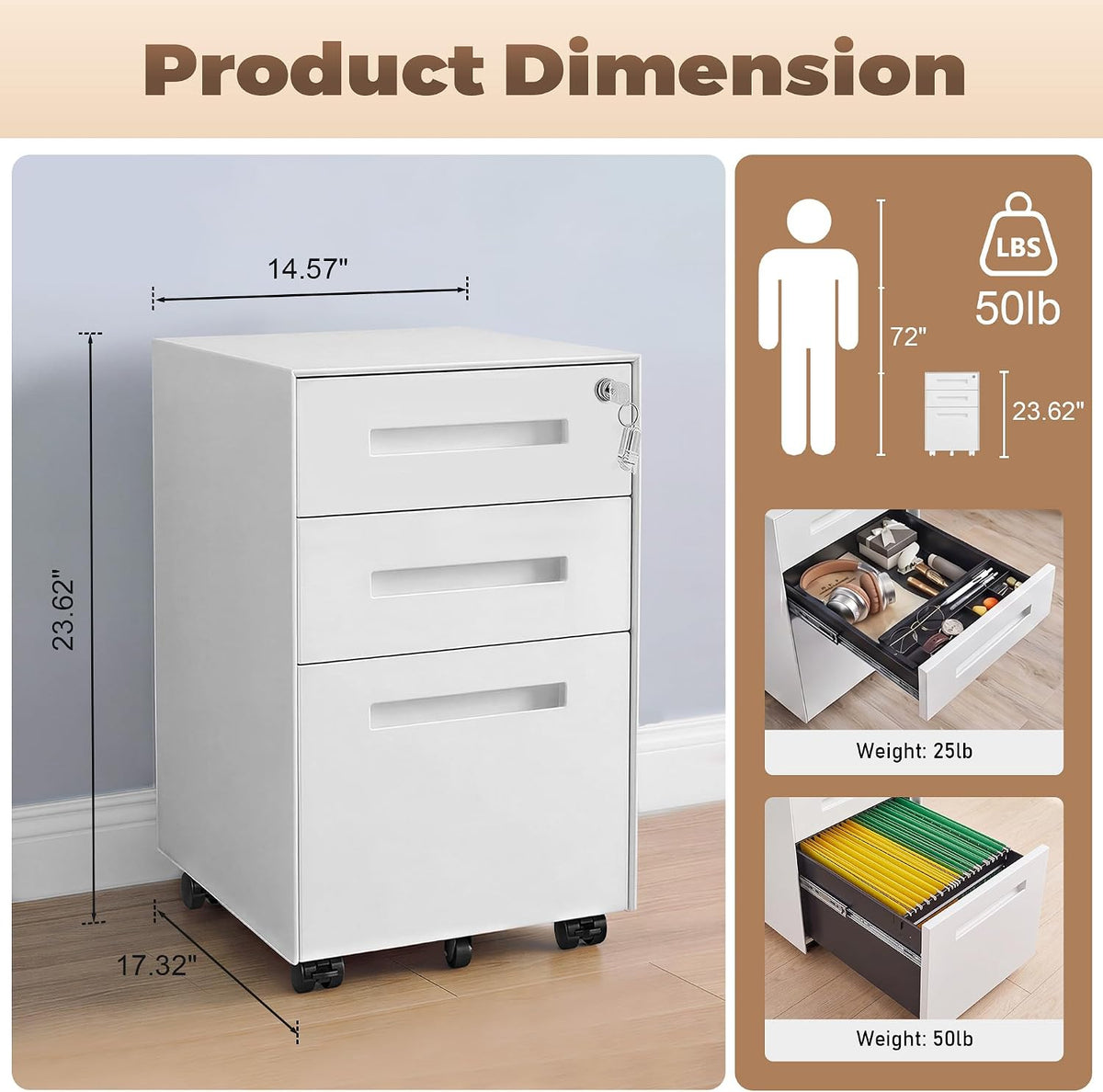 3 Drawer File Cabinet for Home Office, Under Desk Mobile Filing Cabinet with Lock for A4-Size/Letter-Size/Legal-Size, Black (HSEJ-3D)