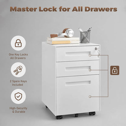 3 Drawer File Cabinet for Home Office, Under Desk Mobile Filing Cabinet with Lock for A4-Size/Letter-Size/Legal-Size, Black (HSEJ-3D)