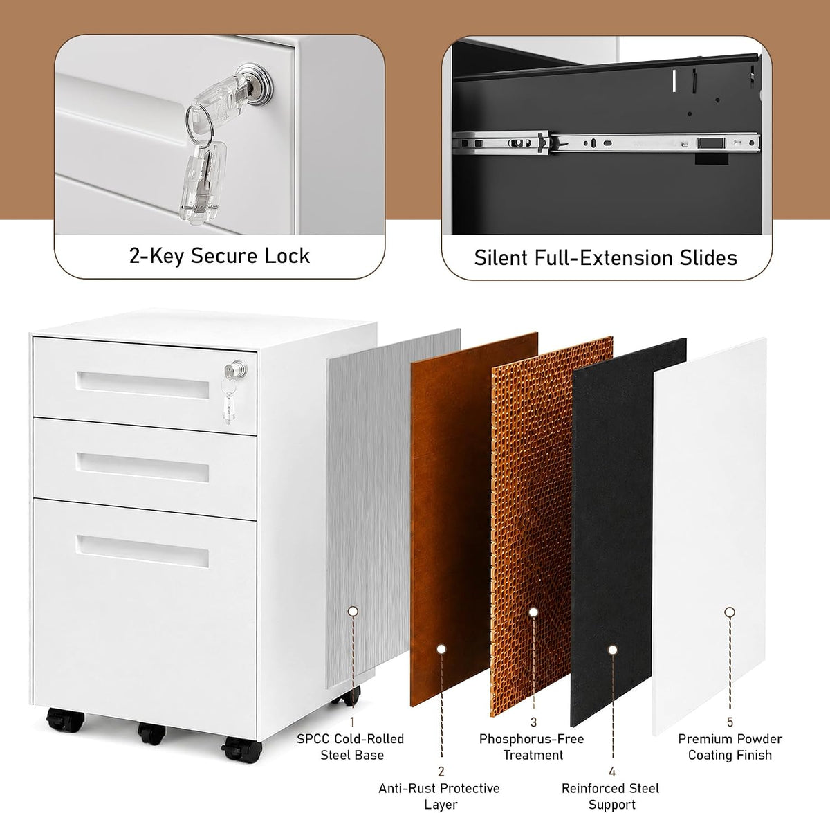 3 Drawer File Cabinet for Home Office, Under Desk Mobile Filing Cabinet with Lock for A4-Size/Letter-Size/Legal-Size, Black (HSEJ-3D)