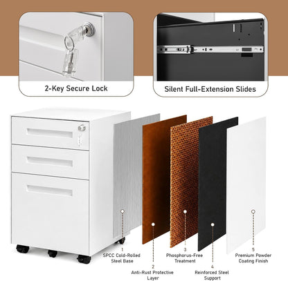 3 Drawer File Cabinet for Home Office, Under Desk Mobile Filing Cabinet with Lock for A4-Size/Letter-Size/Legal-Size, Black (HSEJ-3D)