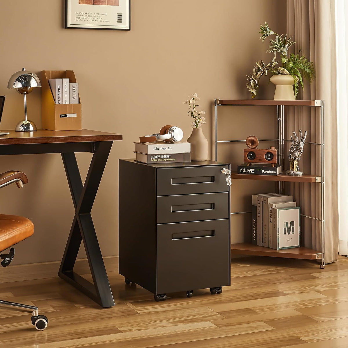 3 Drawer File Cabinet for Home Office, Under Desk Mobile Filing Cabinet with Lock for A4-Size/Letter-Size/Legal-Size, Black (HSEJ-3D)