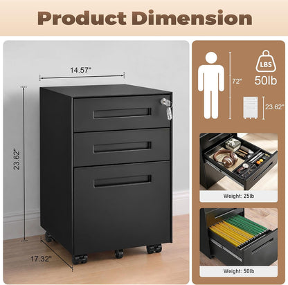 3 Drawer File Cabinet for Home Office, Under Desk Mobile Filing Cabinet with Lock for A4-Size/Letter-Size/Legal-Size, Black (HSEJ-3D)