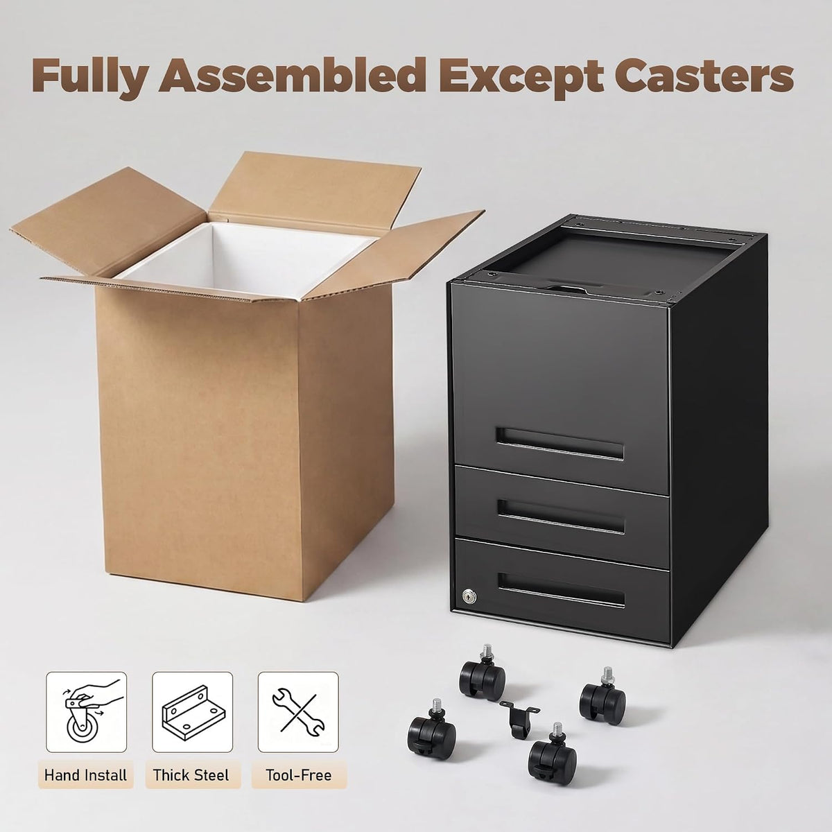 3 Drawer File Cabinet for Home Office, Under Desk Mobile Filing Cabinet with Lock for A4-Size/Letter-Size/Legal-Size, Black (HSEJ-3D)