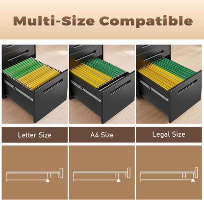 3 Drawer File Cabinet for Home Office, Under Desk Mobile Filing Cabinet with Lock for A4-Size/Letter-Size/Legal-Size, Black (HSEJ-3D)