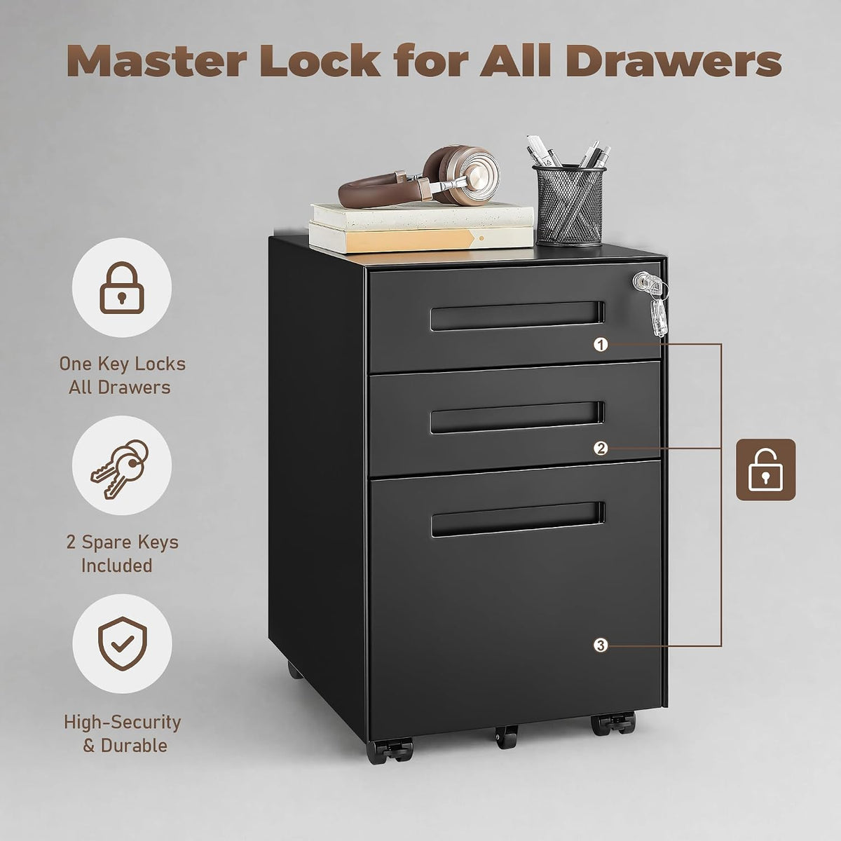 3 Drawer File Cabinet for Home Office, Under Desk Mobile Filing Cabinet with Lock for A4-Size/Letter-Size/Legal-Size, Black (HSEJ-3D)