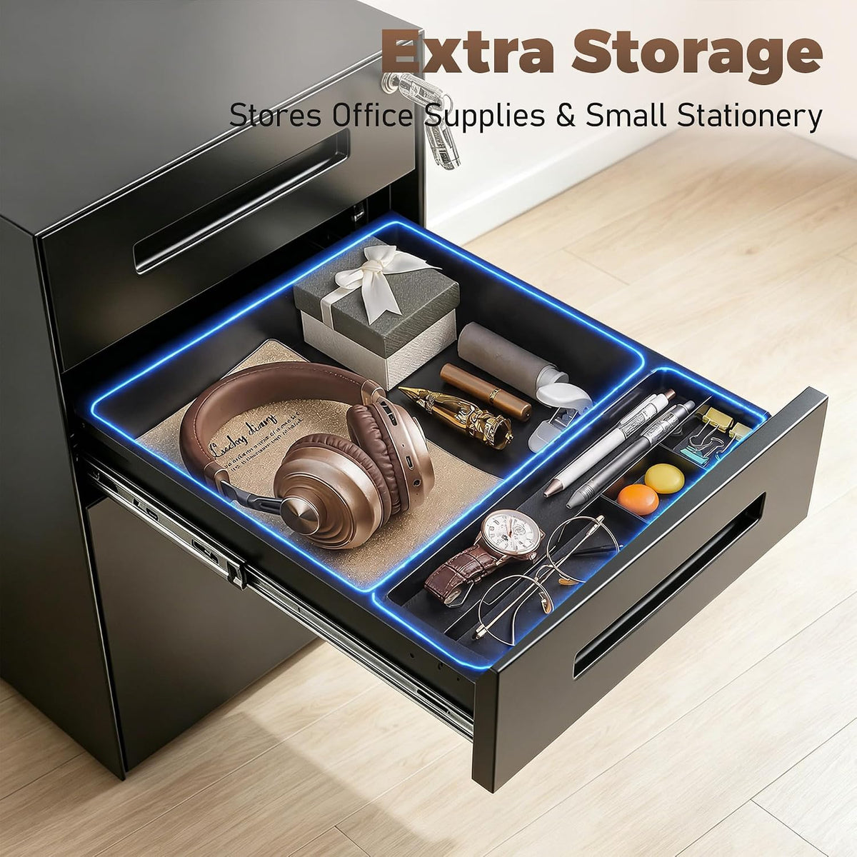 3 Drawer File Cabinet for Home Office, Under Desk Mobile Filing Cabinet with Lock for A4-Size/Letter-Size/Legal-Size, Black (HSEJ-3D)