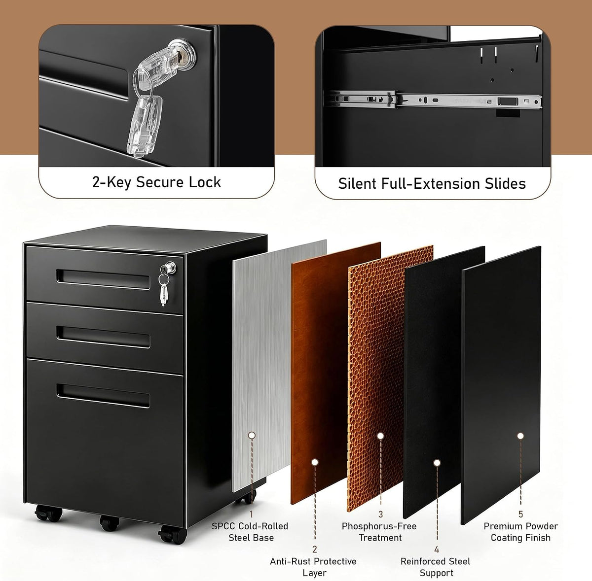 3 Drawer File Cabinet for Home Office, Under Desk Mobile Filing Cabinet with Lock for A4-Size/Letter-Size/Legal-Size, Black (HSEJ-3D)