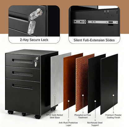 3 Drawer File Cabinet for Home Office, Under Desk Mobile Filing Cabinet with Lock for A4-Size/Letter-Size/Legal-Size, Black (HSEJ-3D)