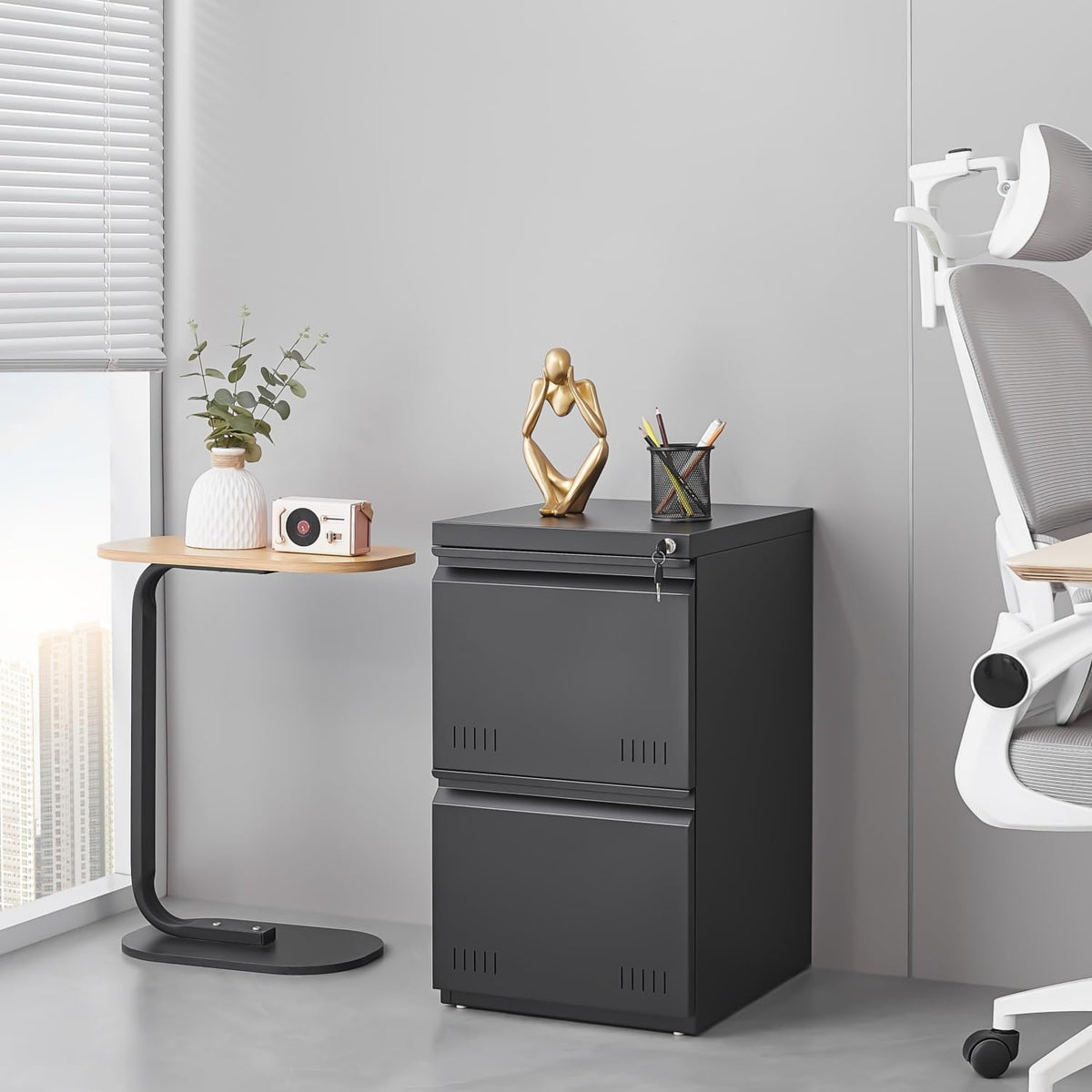 3 Drawer File Cabinet for Home Office, Under Desk Mobile Filing Cabinet with Lock for A4-Size/Letter-Size/Legal-Size, Black (HSEJ-3D)