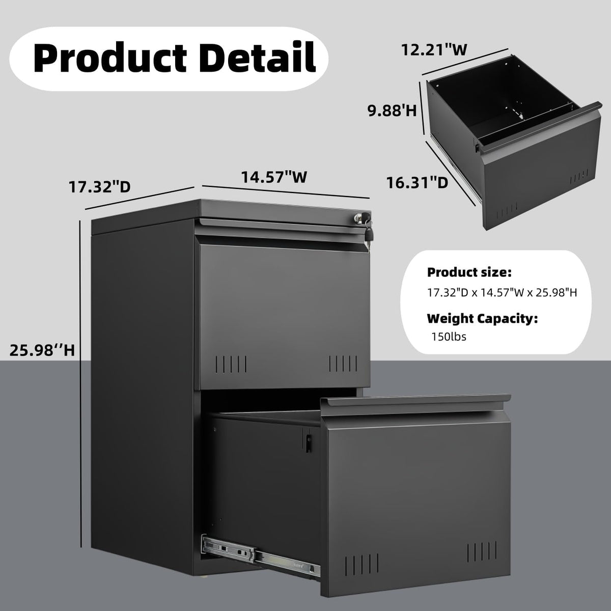 3 Drawer File Cabinet for Home Office, Under Desk Mobile Filing Cabinet with Lock for A4-Size/Letter-Size/Legal-Size, Black (HSEJ-3D)
