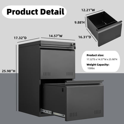 3 Drawer File Cabinet for Home Office, Under Desk Mobile Filing Cabinet with Lock for A4-Size/Letter-Size/Legal-Size, Black (HSEJ-3D)