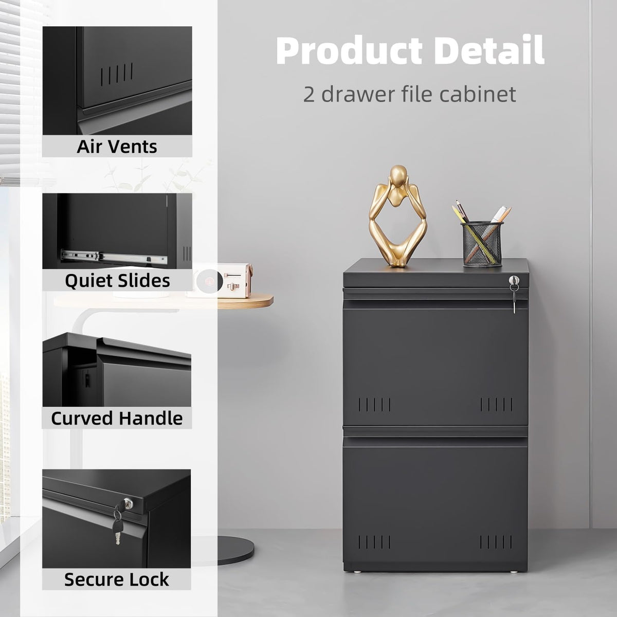 3 Drawer File Cabinet for Home Office, Under Desk Mobile Filing Cabinet with Lock for A4-Size/Letter-Size/Legal-Size, Black (HSEJ-3D)