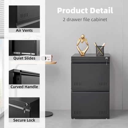 3 Drawer File Cabinet for Home Office, Under Desk Mobile Filing Cabinet with Lock for A4-Size/Letter-Size/Legal-Size, Black (HSEJ-3D)