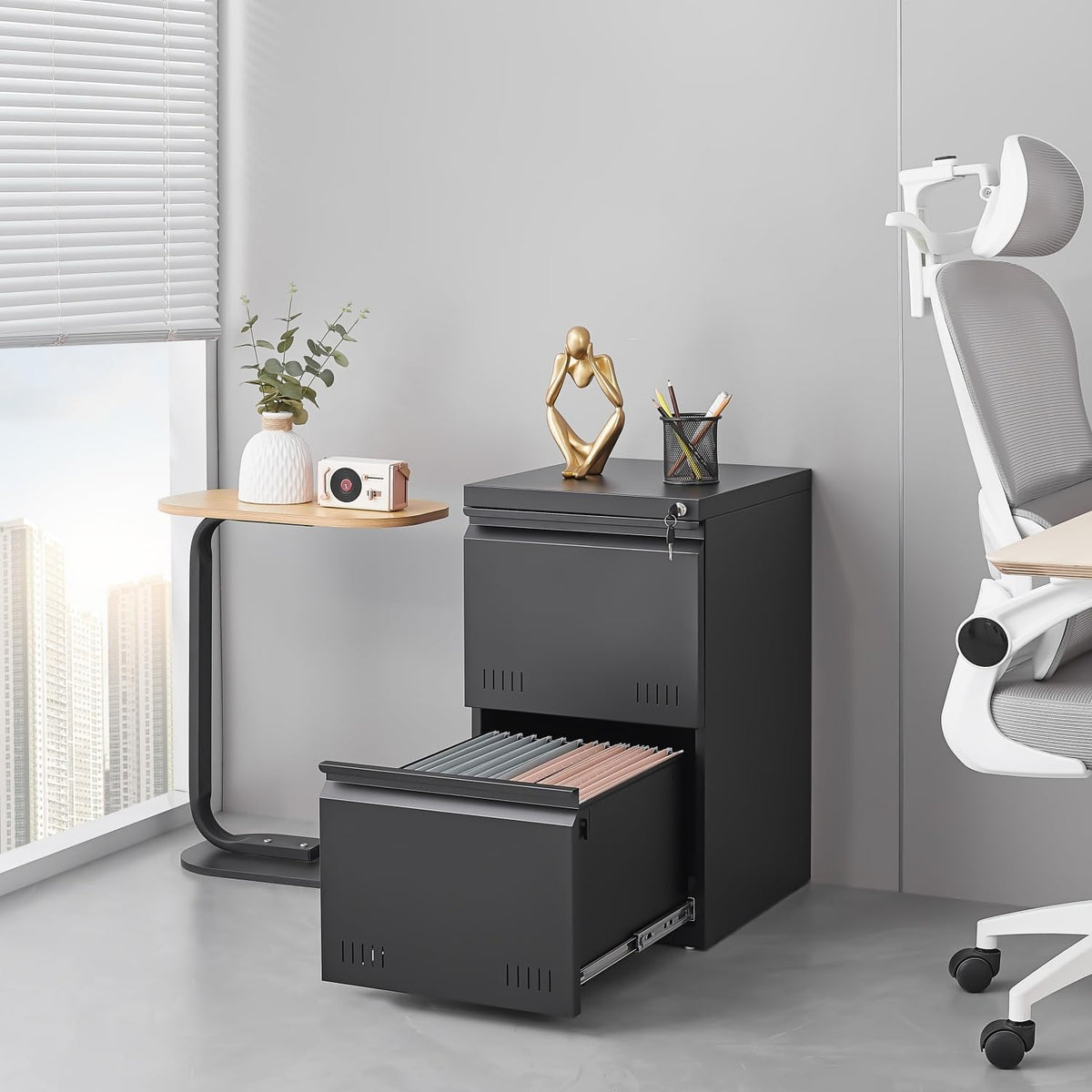 3 Drawer File Cabinet for Home Office, Under Desk Mobile Filing Cabinet with Lock for A4-Size/Letter-Size/Legal-Size, Black (HSEJ-3D)